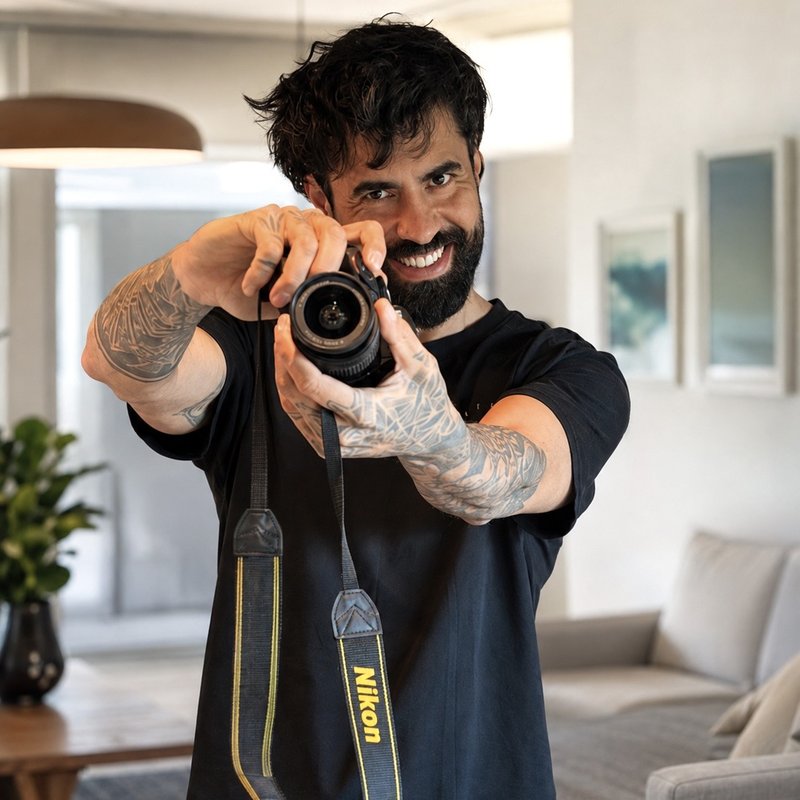 Brian, the photographer behind First Look Photo, holding a camera and smiling