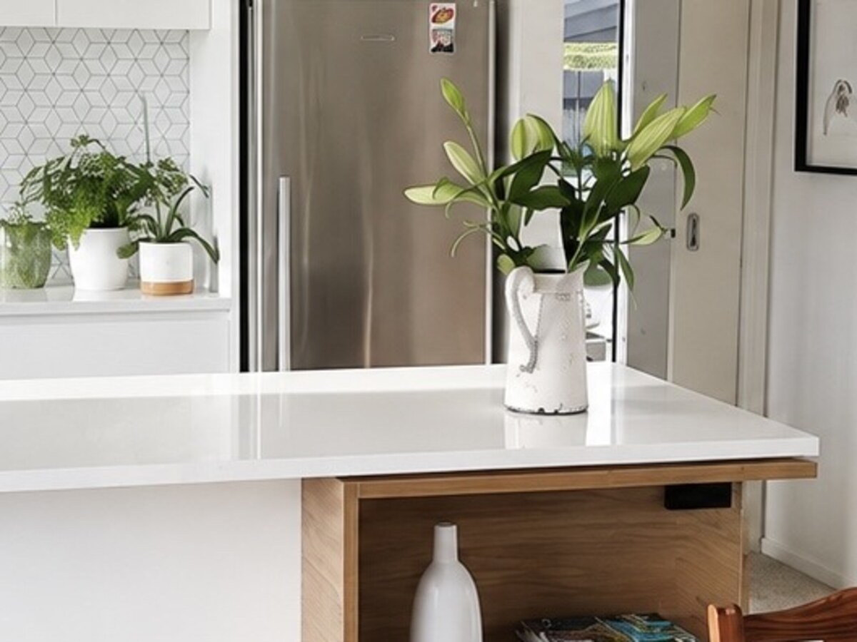 Kitchen island after: a styled close-up with a fresh flower arrangement on the counter